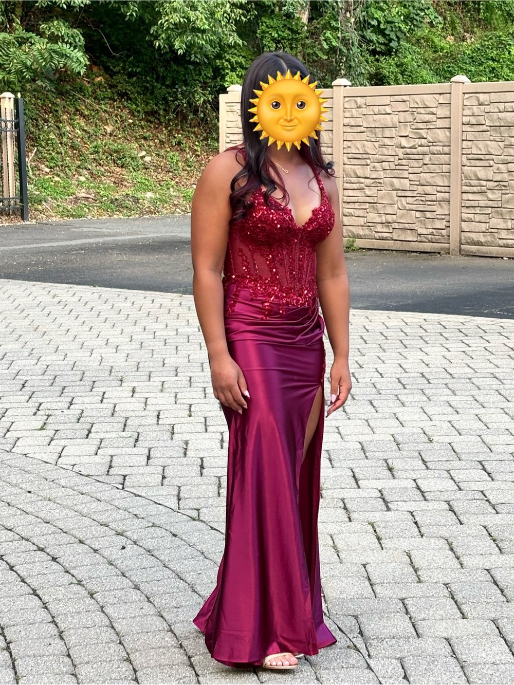 Plum Sequin Bodice Prom Dress with High Slit